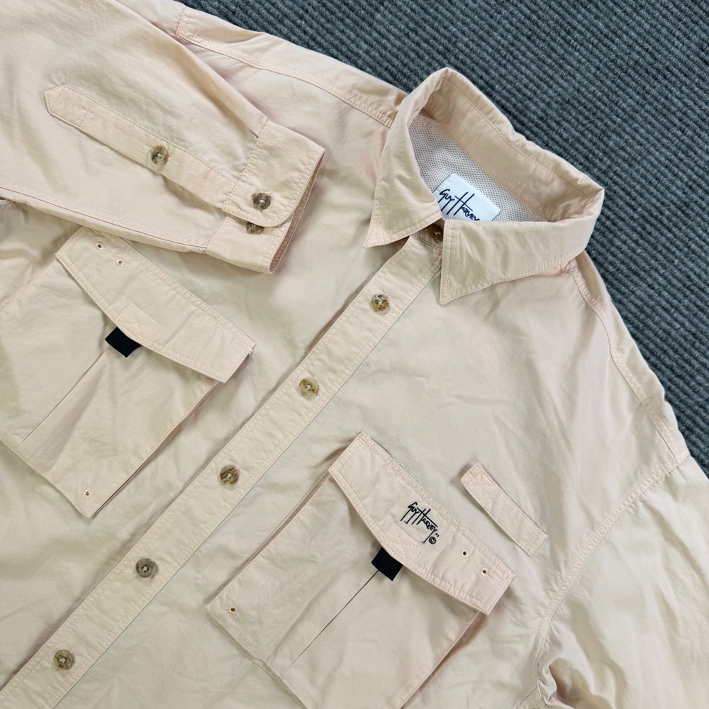 Guy Harvey AFTCO Bluewater Fishing Shirt Men Large Peach Nylon Marlin Embroidery